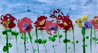 brightly coloured painting and collage of wildflowers