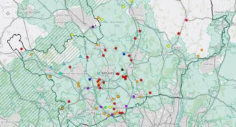 digital map of Hertfordshire showing proposed development sites