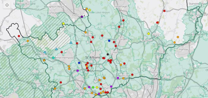 digital map of Hertfordshire showing proposed development sites