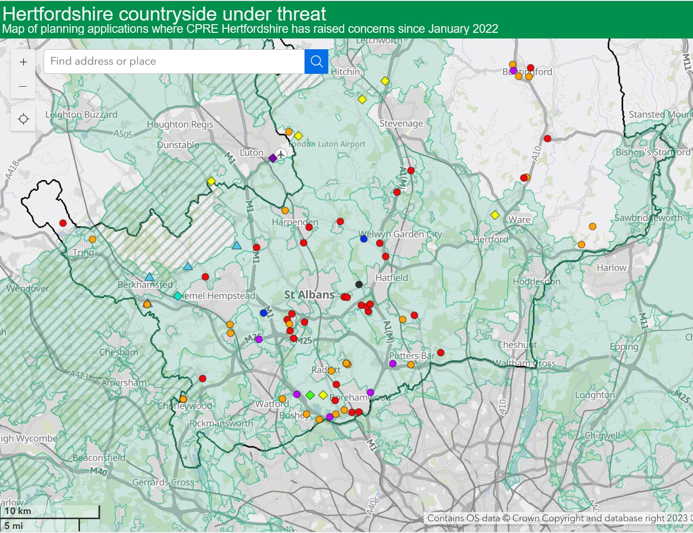 digital map of Hertfordshire showing proposed development sites